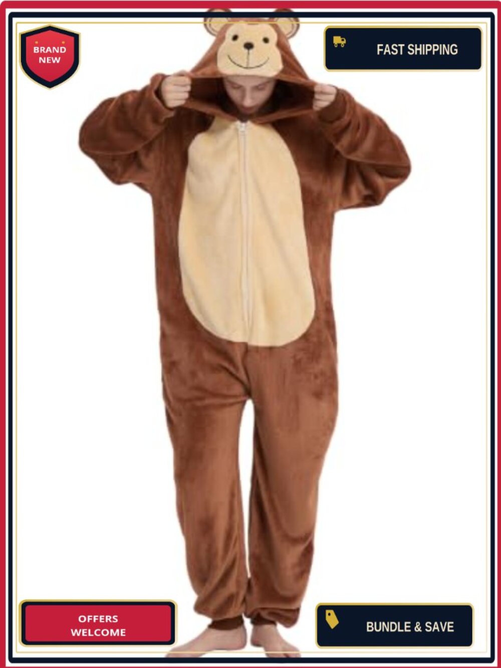 Unisex Plush Flannel Monkey Onesie Halloween Costume Zip-Up Pajama